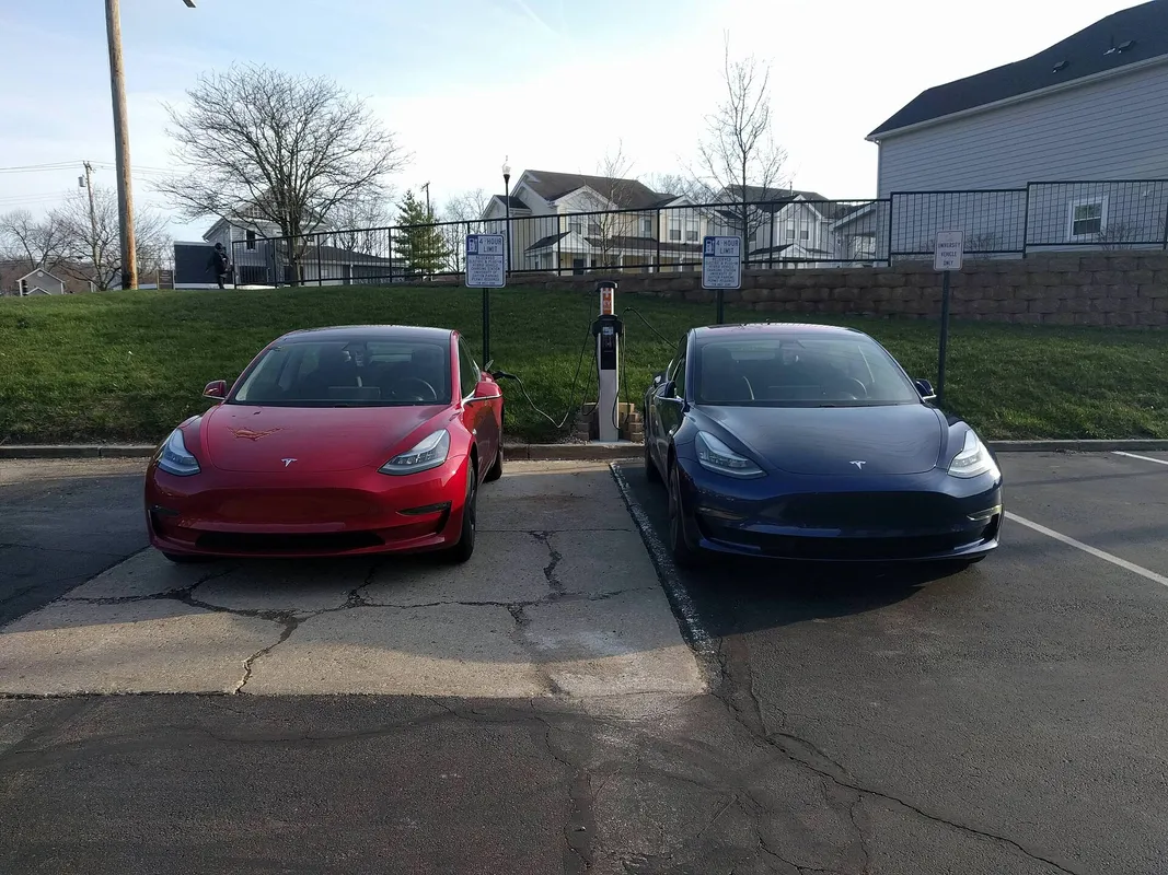 Two Tesla Model 3s charging at the University of Dayton in Ohio