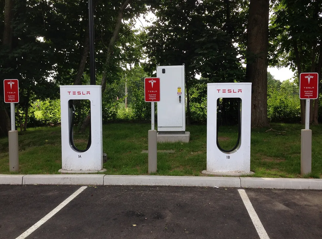 Tesla Greenwich North Supercharger Station in a rest area of Merritt Parkway in Greenwich, Connecticut