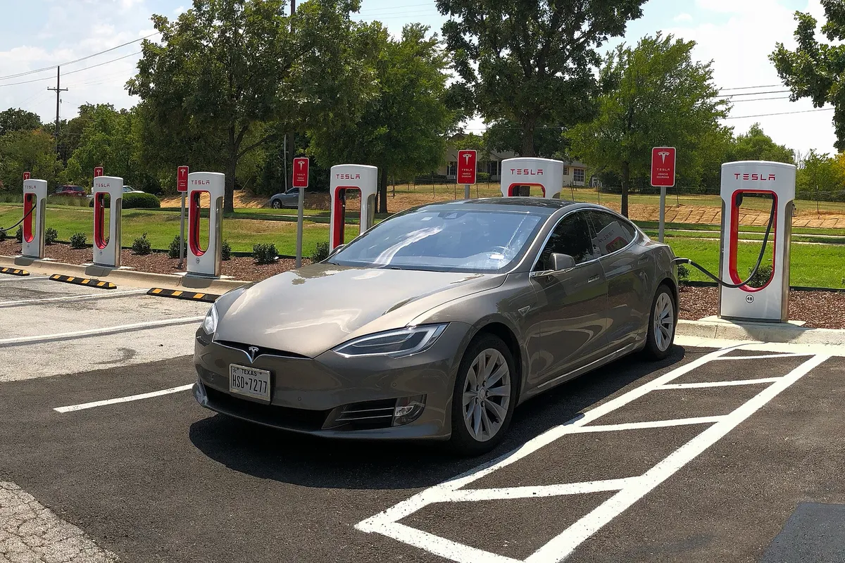 Tesla Model S charging at a Tesla Supercharger station at Southlake, Texas