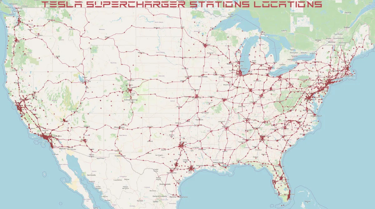 Tesla Supercharger Stations locations as of July 2023